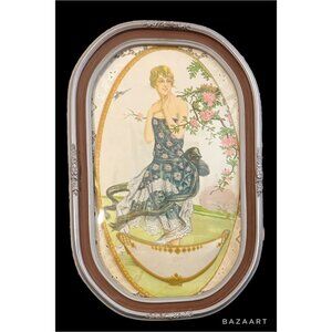 Antique French Art Deco Lady 3D Lithograph In Domed Wooden Frame